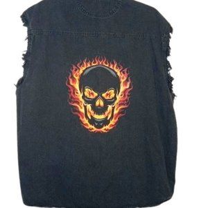 2006 G.S.I. Mens Button Down Moto Shirt Black Fire Skull Raw Sleeves Pockets XL